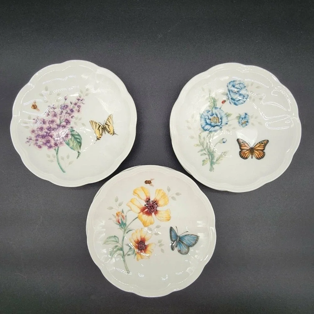 Lenox Party Plates 6in White Butterfly‎ Meadow Floral Set of 6 Porcelain